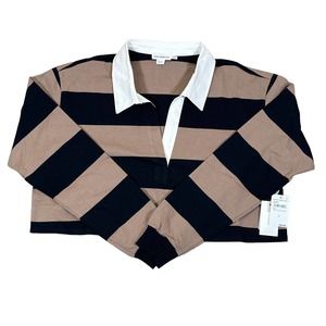 Good American Crop Rugby Shirt Women's Large Putty & Black Stripe NWTs